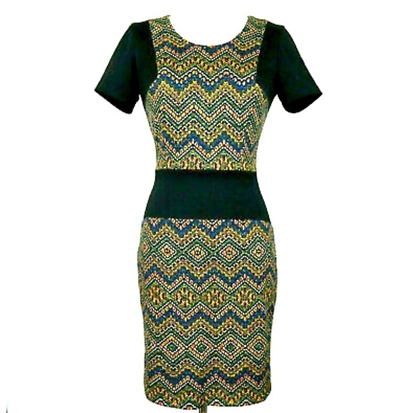 ANDREW MARC Black Multi Zig Zag Tribal Short Sleeve Dress women’s size 4 - Picture 1 of 9